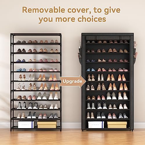 ROJASOP 10 Tier Shoe Rack with Covers,Large Capacity Stackable Tall Shoe Shelf Storage to 50-55 Pairs Shoes and Boots Sturdy Metal Free Standing Shoe Rack Organizer for Closet Entryway Garage