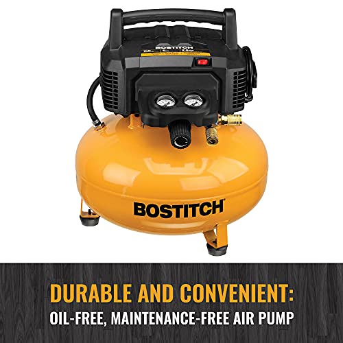 Bostitch 6 Gallon Pancake Air Compressor & 13 Piece Accessory Kit: Air Hose, Blow Gun and Adapter, Blow Chuck, Tire Gauge, Rubber Blow Gun Nozzle, Inflation Needle, and Male Quick Connect Plug