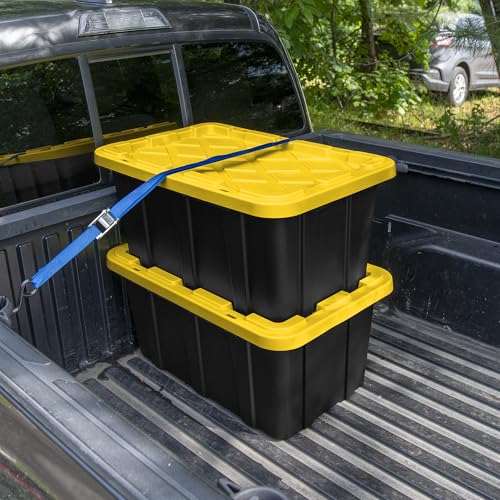 Sterilite 17 Gal Industrial Tote, Stackable Storage Bin with Snap-Fit Lid for Garage, Basement & Attic Storage, Black Base and Yellow Lily Lid, 6-Pack
