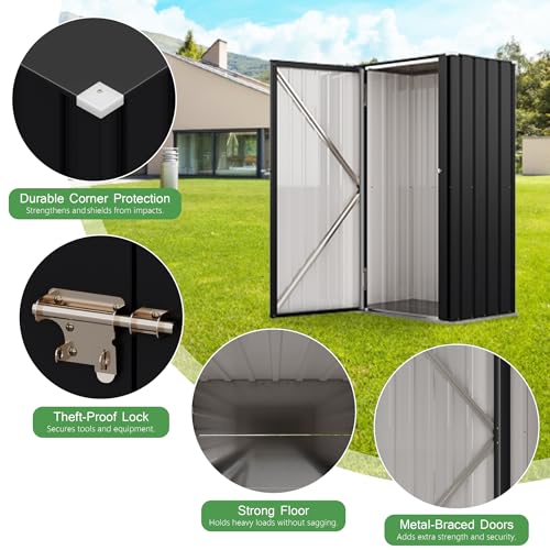 Devoko 22 Cuft Lockable Metal Storage Shed, Vertical Indoor Outdoor Tool Cabinet with Non-Adjustable Shelves for Patio Garden Backyard, Black