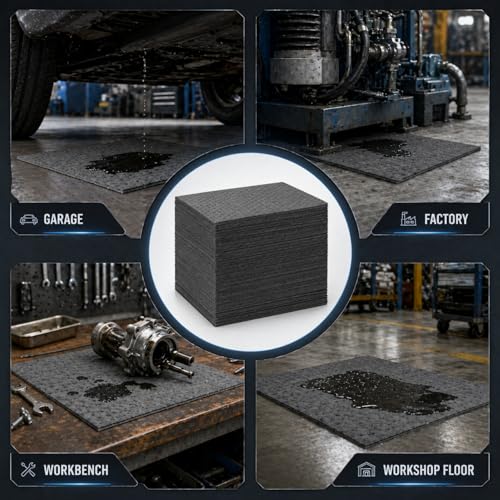 Hoolerry 100 Pcs Oil Absorbent Pads Bulk Heavy Weight Dimpled Garage Absorbing Pad Water Absorbent Mat Trimmable Oil Spill Mat for Garage Floor Workshop Auto Fluid Cleanup (9.8 x 13 Inch,Gray)