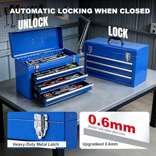 BIG RED ANTBD133-XU Torin 3 Drawer 20.5" Portable Metal Tool Box: Ball-Bearing Slides and 2 Metal Latches for Secure Closure in Garage, Home or Workbench, Blue