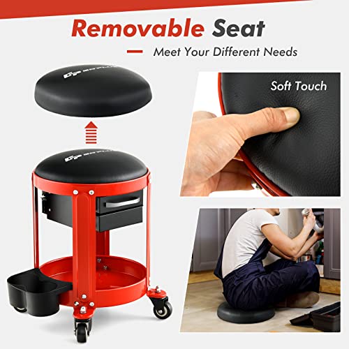 Goplus Rolling Mechanic Stool, Shop Stool Creeper Seat with Removable Padded Seat, 2 Drawers, Tool Tray, Twin Can Holder, Universal Wheels, Round Garage Workshop Chair, 330 Lbs Max Capacity (Red)