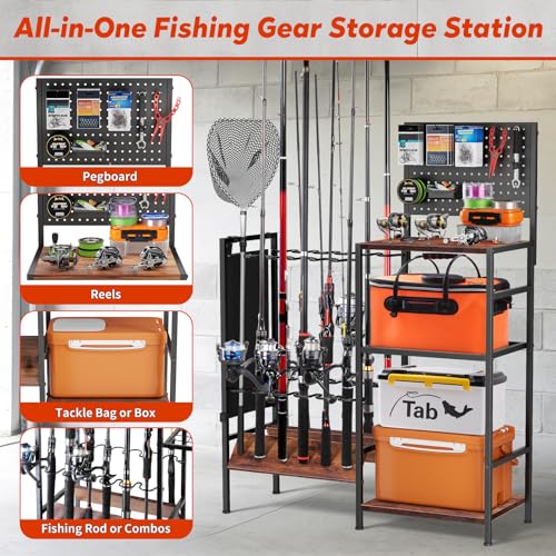 XOOL Fishing Rod Storage Rack for Garage, Holds up to 12 Rods, Heavy Duty Fishing Gear Organizer with Pegboard, 3-Tier Metal Stand with Shelves, Hooks & Accessory Storage