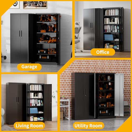 Reegangfa Metal Storage Cabinet with 2 Doors and 4 Adjustable Shelves, 71" Garage Storage Cabinet with Anti-Tipping Design, Lockable Garage Cabinets for Office, Home, Garage, Gym, School