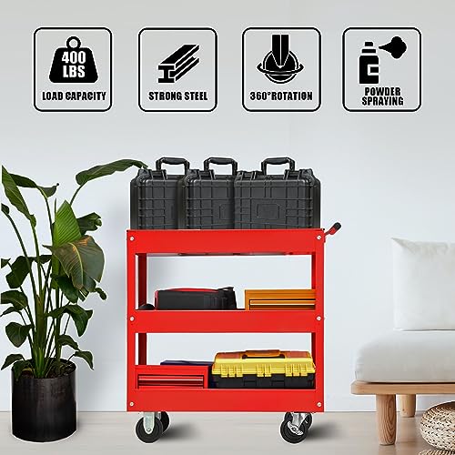 BIG RED Steel Rolling Service Tool Cart with 3 Tires , Heavy Duty Utility Cart on Wheels with Two Brake for Office，Kitchen，warehouse,400 lbs Capacity,Red