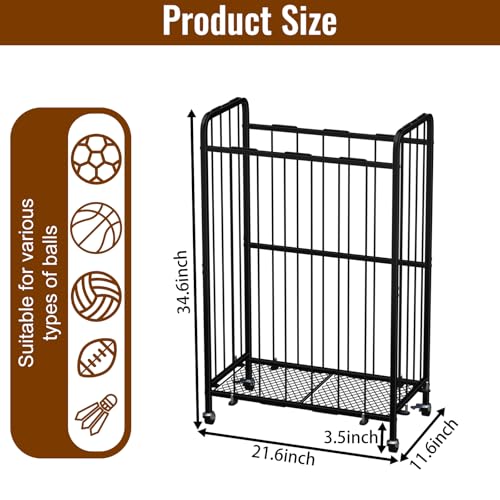 RAUMRIGGE Garage Ball Storage with Wheels, Ball Sports Organizer Storage Cart, Sports Equipment Organizer, Sports Ball Rack With Elastic Rope, Garage Organization Storage Rack, Ball Holder, Black