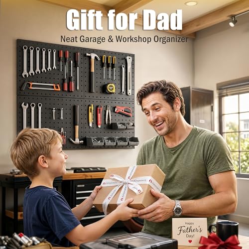 7S garage 4 Pack Metal Pegboard Panels with 50 Hooks, Black Pegboard Wall Organizer, Pegboard Accessories, Heavy Duty Garage Tool Storage System for Workbench, Workshop, Office, Craft Room