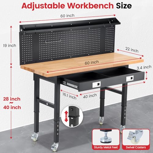 ENJOYWOOD 60" x 22" Heavy Duty Workbench Adjustable Height Garage Work Table with Solid Rubberwood Top, Wheels, Drawers, Pegboards & Power Outlets for Workshop, Home & Office