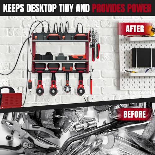 SecureElastic Modular Power Tool Organizer Wall Mount with Charging Station, 3-Layer Heavy Duty Drill Holder Rack & 8-Outlet Power Strip for Garage Workshop Storage