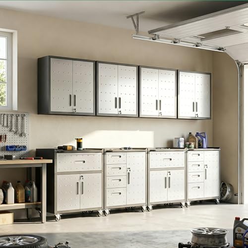 VIYET Garage Cabinet System | Heavy Duty Steel All-in-One Modular Garage Cabinet Set for Ultimate Workshop Organization | Easy Assembly Garage Storage Cabinets & Tool Bench