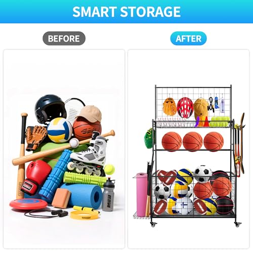 Rumizira Sports Equipment Organizer,Garage Ball Storage Rack with Basketball Rack with Hooks and Rolling Wheels Cart (BLACK)