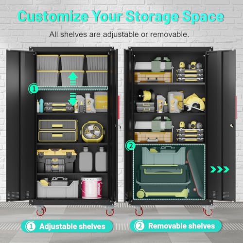 Eltean Metal Garage Cabinets with Wheels| 71" Steel Lockable Garage Storage Cabinet with 4 Adjustable Shelves, Heavy-Duty Tool Storage Cabinet for Home, Basement, Workshop (Black)