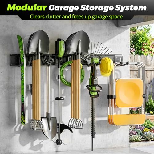 HOLDRAIS Garage Tool Organizer Wall Mount, 49.5 Inch Heavy Duty Garage Organization System with 10 Adjustable Hooks, Garden Tool Storage Rack for Garage, Yard & Shed, Holds Up to 400 lbs