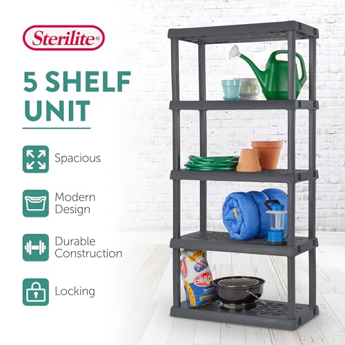 Sterilite 5 Shelf Plastic Storage Unit Bundled with Easy to Assemble Storage Cabinet for Garage, Pantry & Kitchen Organization, 4 Shelves, Gray