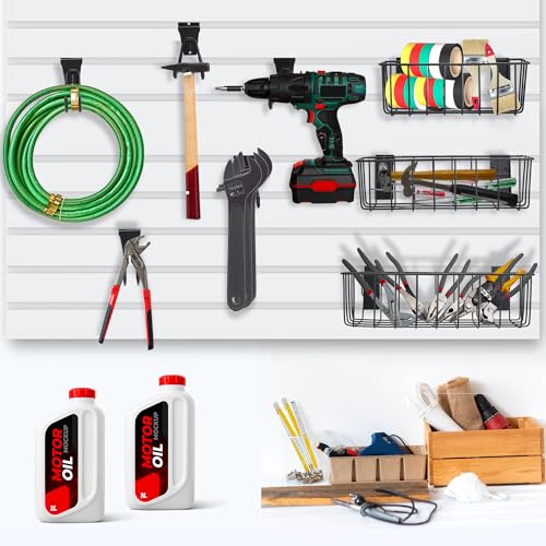 MENEONE Heavy-Duty Slatwall Baskets and Hooks - Slatwall Accessories for Standard Slatwall Panels | Ideal for Organizing Garages and Workshops