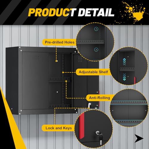 Eltean 30" Garage Wall Cabinet, Metal Wall Cabinet with Lock & Adjustable Shelf,Heavy-Duty Black Garage Storage Cabinet,Ventilated Metal Wall Cabinets for Workshop & Tools