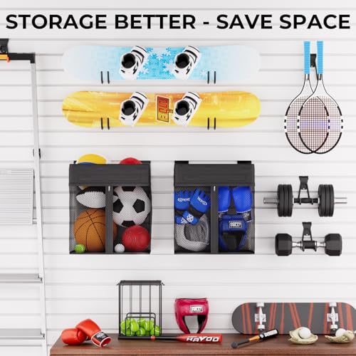 INCLY 10PCS Slatwall Accessories Kit, 2 Pack Large Mesh Slatwall Baskets with Zipper & 8PCS Heavy Duty Slat Wall Hooks, Mounted Slat Wall Accessory for Garage Home Storage & Organizing