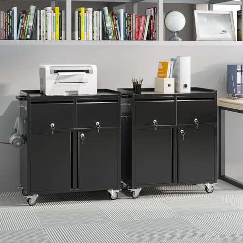 Aobabo Rolling Metal Storage Cabinet with Wheels, Heavy Duty Steel Garage Tool Cabinet with 2 Drawers, Pegboard & 4 Hooks, Lockable Mobile Organizer with Adjustable Shelves, Black, Assembly Required
