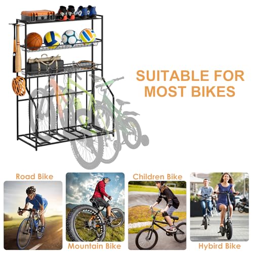 Riodalare 4 Bike Stand, Bike Rack Garage with 3-Tier Storage Baskets, Indoor Outdoor Bicycle Storage Stand Organizer, Metal Stability Floor Bicycle Station for Mountain, Road, Hybrid, Scooters