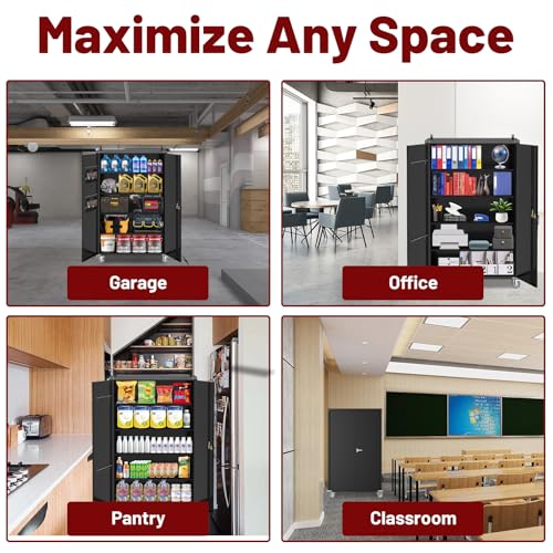 Reykilor Tall & Wide Metal Garage Storage Cabinet with 4 Adjustable Shelves, 43''W x 22''D x 72''H with Wheels & Pegboards, Heavy Duty Lockable Garage Cabinet for Warehouse, Basement, Office, Gym