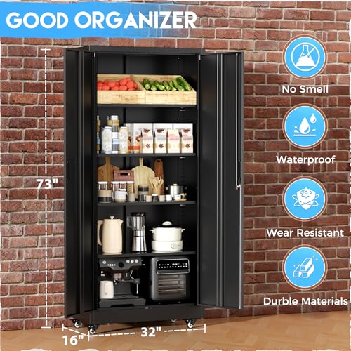 Greenvelly Metal Garage Storage Cabinet with 4 Swivel Wheels, 73” Black Storage Cabinet on Wheels, Rolling Tool Cabinet with Locking Doors and Shelves for Garage, Basement, Home, Warehouse