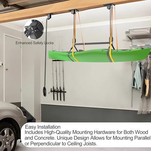 TRUSOON Upgrade Kayak Hoist for Garage Ceiling, Heavy-Duty Kayak Storage Lift Pulley System with Safety Straps, Holds Up to 150 lbs Capacity, Fit 10-18 Foot Ceilings, Black