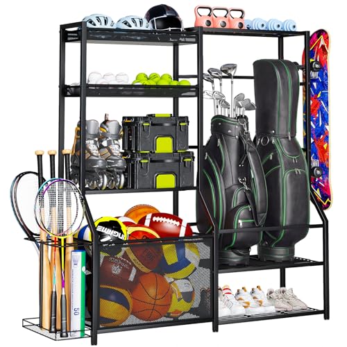 Insdiy Garage Sports Equipment Organizer, Golf Bag Storage Rack Heavy Duty Ball Organizer with Baskets, Bat Holder & Shoe Shelf, Multi-Purpose Toys Sports Gear Storage for Indoor Outdoor