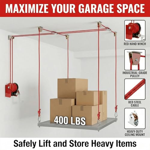 Overhead Garage Storage Lift Hoist, 400 lbs Ceiling Garage Hoist System with Hand Crank, Heavy Duty Double Rope Pulley Lift, Adjustable Garage Organizer for Bikes, Kayaks & Storage Bins (No Platform)