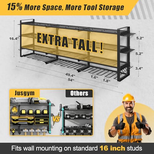 Jusgym Large 49''W Power Tool Organizer Wall Mount |650lbs Tool Garage Storage Rack with 12 Cordless Drill Holder |4-Tier Heavy Duty Garage Organization |Fathers Day Dad Gifts for Men