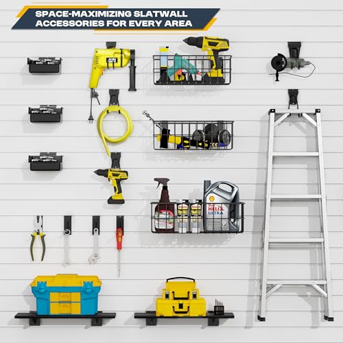35Pcs Slatwall Accessories Kit, with Slatwall Hooks, Baskets, Shelves, Bins, Heavy Duty Slat Wall Accessory for Garage Organization, Workshop & Utility Room