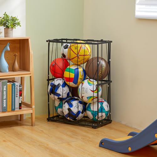 Garage Ball Storage Wall-Mounted & Floor Sports Equipment Organizer: Sports Ball Rack with Elastic Rope, Holder for Basketball, Soccer, Volleyball, Football, Garage, Gym, Black(Patent Pending)