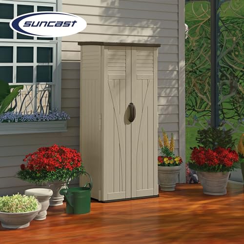 Suncast Vertical Shed, Compact Outdoor Storage System, 22 Cu. Ft. Capacity, Sand & Mustang - Lockable Multi-Wall Resin Organizer for Long-Handle Tools, Garden Supplies and Yard Equipment