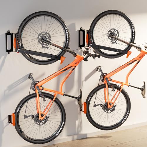 2-Pack Swivel Bike Rack Wall Mount, Bike Hangers for Garage, Space-Saving Vertical Bike Holder, Holds up to 77 lbs, Bicycle Wall Hanger Storage, No Heavy Lifting Required Indoor Hanging Bike Rack