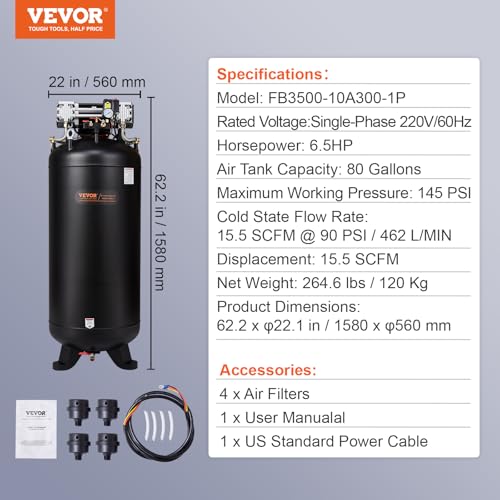 VEVOR 80 Gallon Air Compressor, 145PSI Oil Free Stationary Compressor Tank, 6.5HP 15.5SCFM@90 PSI, Quiet Compressor for Industrial Manufacturing, Workshops (220V/60Hz Single-Phase Power)
