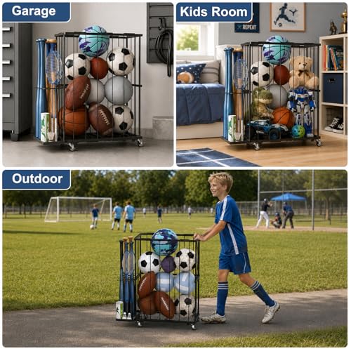 Ball Storage Rack with Wheels, Rolling Ball Organizer for Garage with Side Bat Holder, Basketball Holder for Soccer and Football Sports Equipment Organizer Toy Storage for Gym Playroom,Black