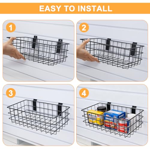 LYYUWE 12 Pack Slatwall Organizer Kit with 4 PCs Slatwall Baskets (10.5 to 13.5 Inches) and 8 PCs Slat Wall Hooks Heavy Duty, Black Steel Slatwall Accessory for Garage, Retail Display and Home Storage