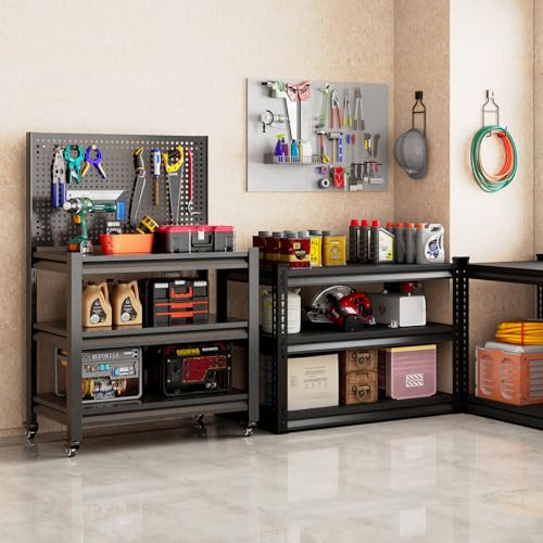 Jaqiumn Workbench with Pegboard, Adjustable Shelving Work Table, Mobile Workstation with Lockable Wheels for Garage Warehouse Workshop Office, 47.2" H x 33.5" W x 18" D, Black
