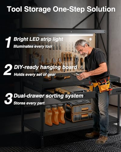 Pterying Work Benches for Garage, Heavy Duty Workbench with Drawers, Lights, Pegboard & 12 Hooks, 600LBS Capacity, Suitable for Tool Organizers and Storage for Workshop, Basement, Garden