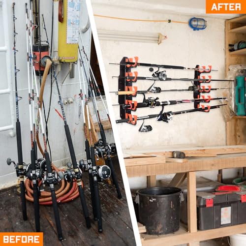 Hikeen Fishing Rod Holders, Fishing Pole Holders for Garage, Wall or Ceiling Mounted Fishing Rod Rack Holds Up to 10 Rods（1 Pack）