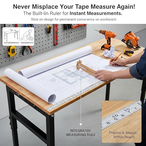 48" Adjustable Workbench, 8-Level Height Adjustable Rolling Work Table with Casters & Scale, Sit & Stand 2-in-1 Garage Tool Table with Pegboard & Hooks, for Workshop, Warehouse, DIY Projects
