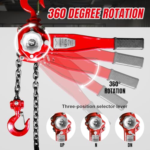 Big RED Manual Lever Chain Hoist,1-1/2 Ton 3000 lbs Capacity Come Along,G80 Grade Steel with Double-Pawl Brake,2 Heavy Duty 360° Rotation Hooks for Garage Factory Warehouse Ports Automotive Machinery