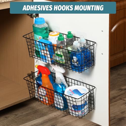4 Set [EXTRA LARGE] Hanging Wall Mount Storage Baskets with Adhesive Hooks & Steel Hooks, Multiuse Sturdy Wire Metal Organizing Baskets for Home Kitchen Bathroom Pantry Utility Organizer, Black