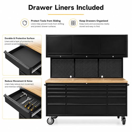 CHETTO C 72 inch Tool Chest Tool Box Mobile 15 Drawers Storage 3 Upper Cabinets SS-Pegboard Rolling Cabinet with Wheels Lock Key Locking System Drawer Liners for Garage Warehouse Repair Shop Black