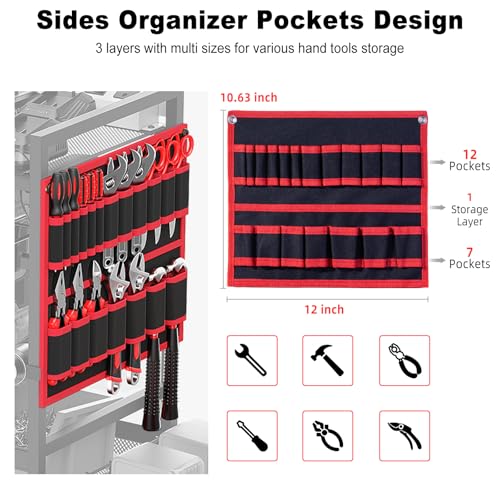 JUNNUJ Garage Large Power Tool Organizer Cart with 20A Charing Station, Heavy Duty Drill and Tools Battery Holder Storage Rack, Floor Standing Rolling Tool Cart on Wheels, Red