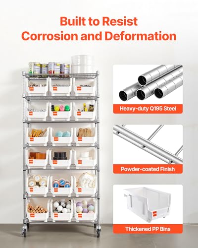 VEVOR 7-Tier Rolling Bin Storage Rack, 18 Organizer Bins, Bin Rack Storage Steel Wire Shelving System with Wheels, Mobile Tool Organizer for Garage, Warehouse, Office, Restaurant, Classroom, Kitchen