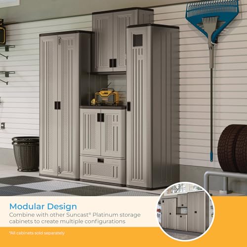 Suncast Tall Storage Locker for Garage Organization - 72" Lockable Organizer with Shelving for Garden Supplies, Paint Cans & Outdoor Tools, Multi-Wall Resin Construction, Platinum