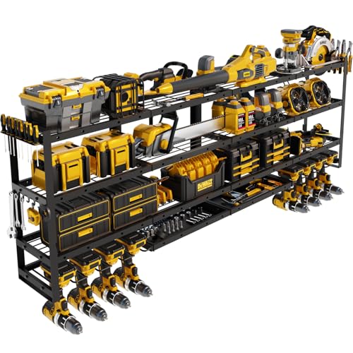 STURDIFLOW XLarge 64''W Power Tool Organizer Wall Mount | Modular&Corner-Fit 820lbs Garage Storage Rack with 8 Cordless Drill Holder | 4-Tier Heavy Duty Utility Shelf for Battery Workshop Organization