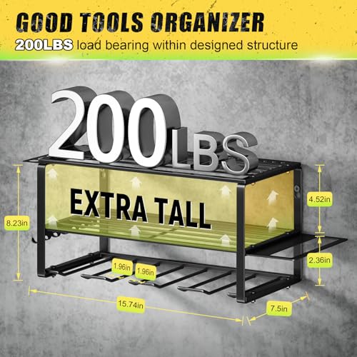 Hipidian Power Tool Organizer Wall Mount - Storage Rack with 4 Drill Holders for Drills Cordless Tools. Heavy Duty Iron Garage Tool Organizer Storage for Workshop Shed (4 Slots 3 Layers)