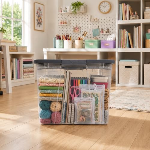 HOMZ 2-Pack Secure Latch, Clear Plastic Storage Organizer Bins, 64 Quart, Gray Lid - Heavy-Duty Container Boxes with Lids for Home, Office, and Garage